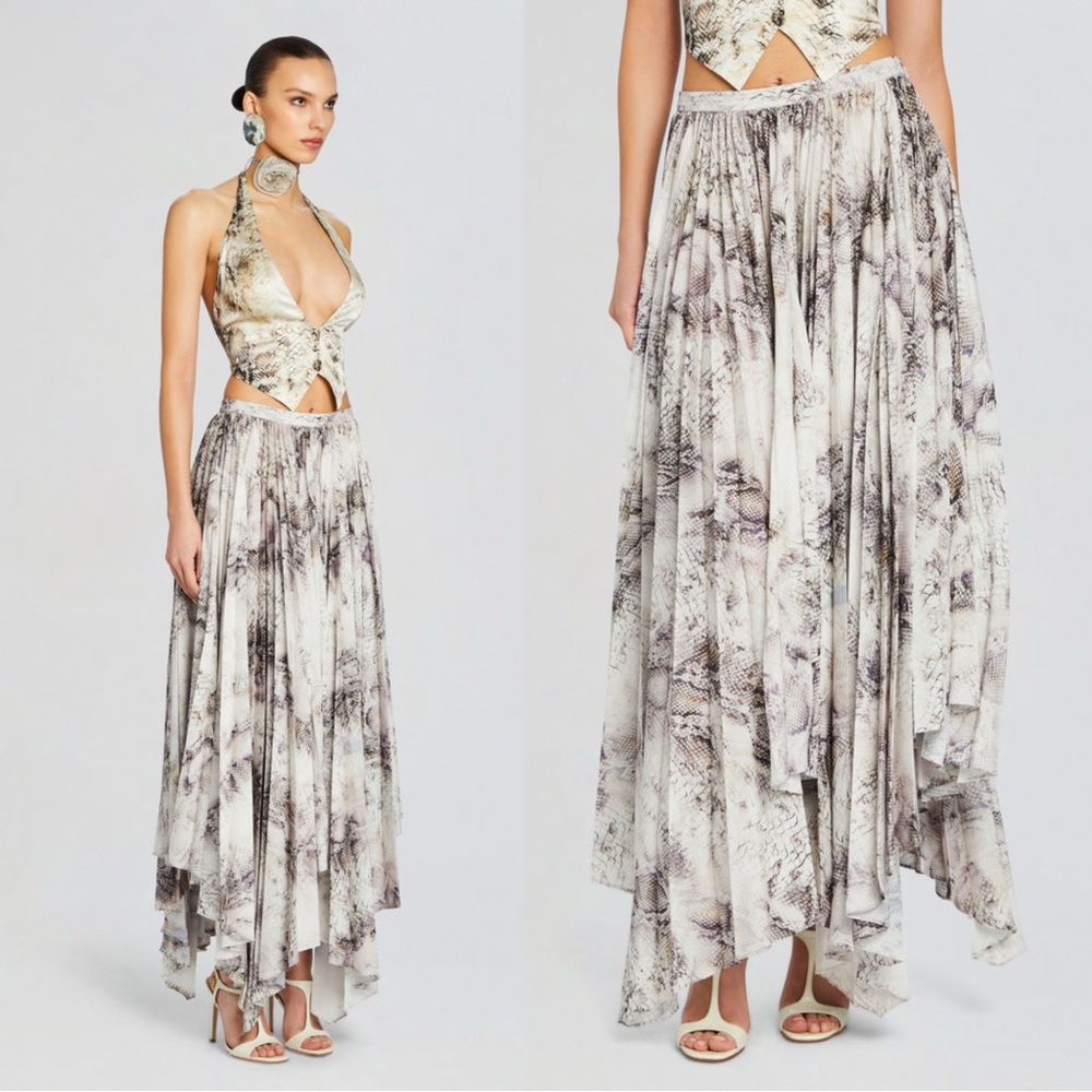 Retrofete Traci Snake Print Handkerchief Hem Midi Skirt